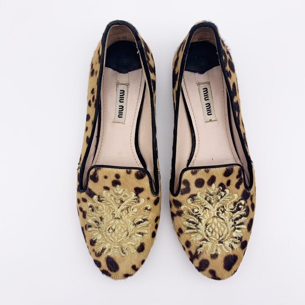 Miu Miu Leopard Print Crest Smoking Flat Calf Hai… - image 3